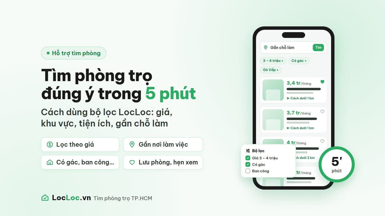 Minh họa cách tìm phòng trọ trên LocLoc: bộ lọc giá, khu vực, tiện ích và kết quả phòng gần chỗ làm trên điện thoại