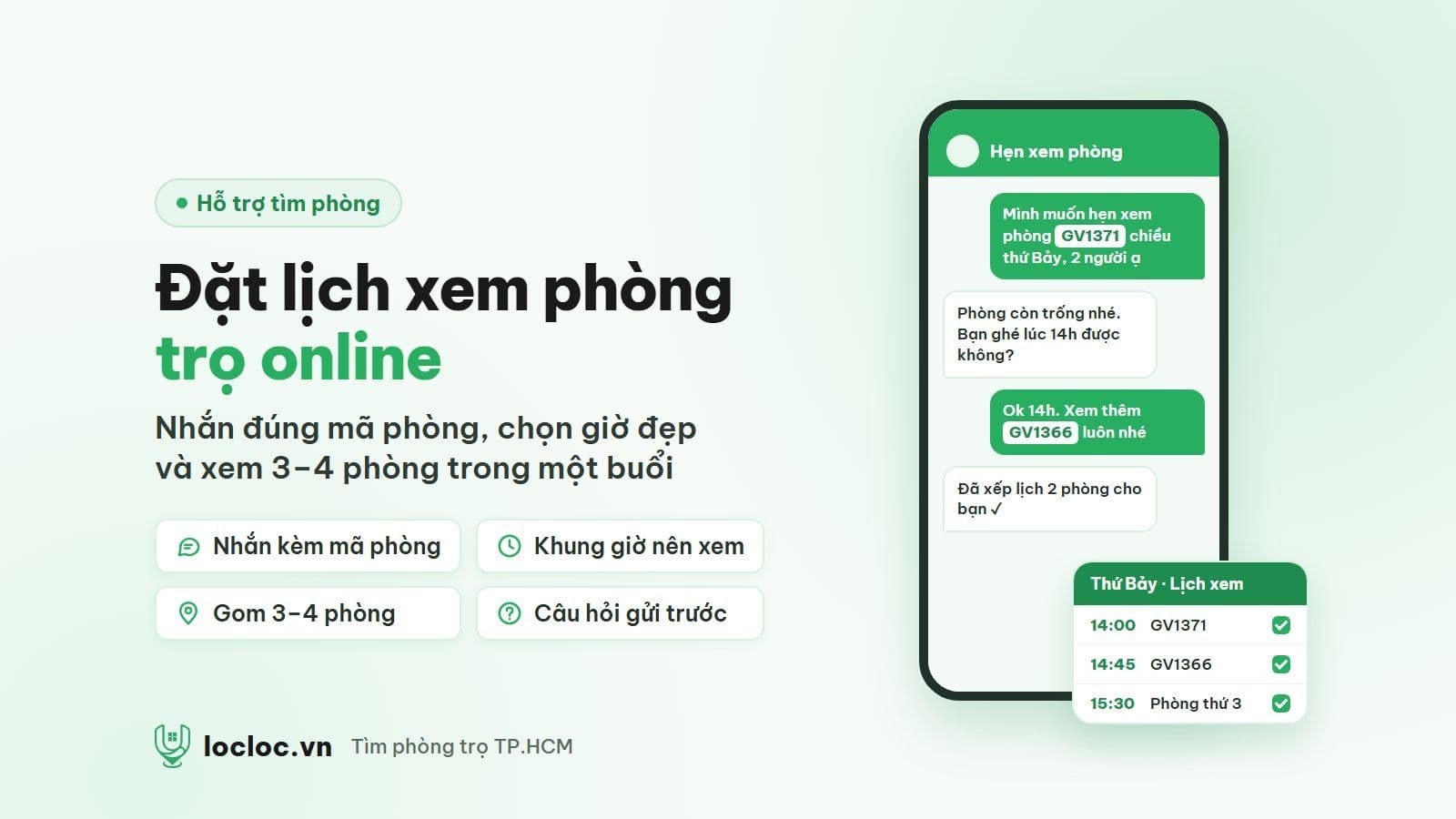 Minh họa đặt lịch xem phòng trọ online trên LocLoc: tin nhắn hẹn xem kèm mã phòng và lịch xem 3 phòng trong một buổi chiều thứ Bảy