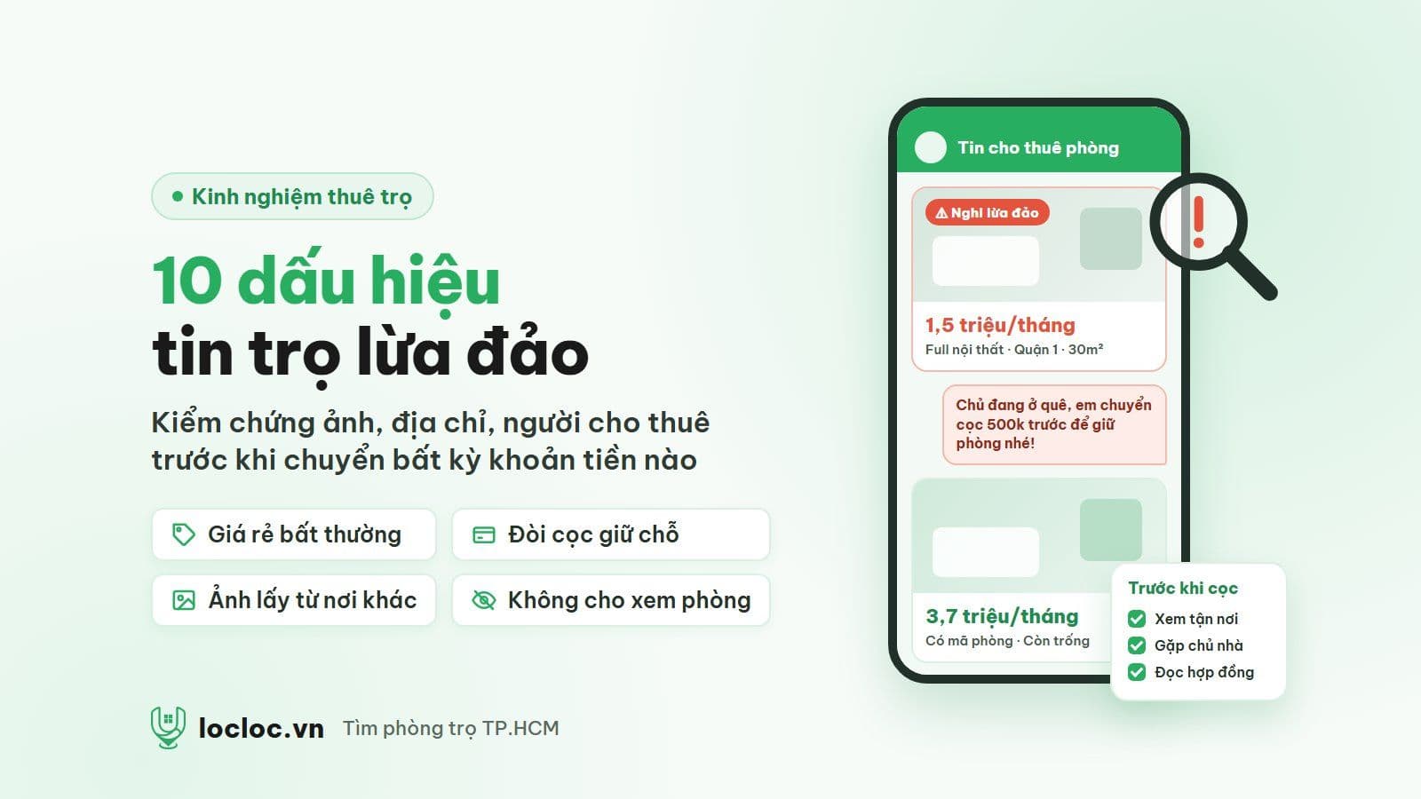 Minh họa 10 dấu hiệu tin đăng phòng trọ lừa đảo: tin giá rẻ bất thường bị gắn cảnh báo, tin nhắn đòi chuyển cọc giữ phòng và danh sách việc cần làm trước khi đặt cọc
