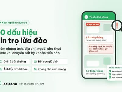 Minh họa 10 dấu hiệu tin đăng phòng trọ lừa đảo: tin giá rẻ bất thường bị gắn cảnh báo, tin nhắn đòi chuyển cọc giữ phòng và danh sách việc cần làm trước khi đặt cọc