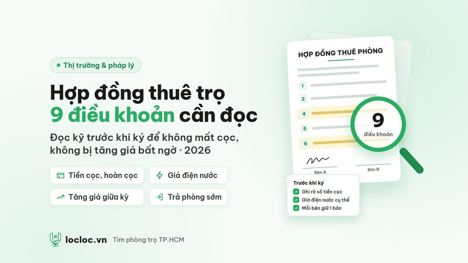 Minh họa hợp đồng thuê phòng trọ 2026 với 9 điều khoản cần đọc kỹ: tiền cọc, giá điện nước, tăng giá giữa kỳ và trả phòng sớm
