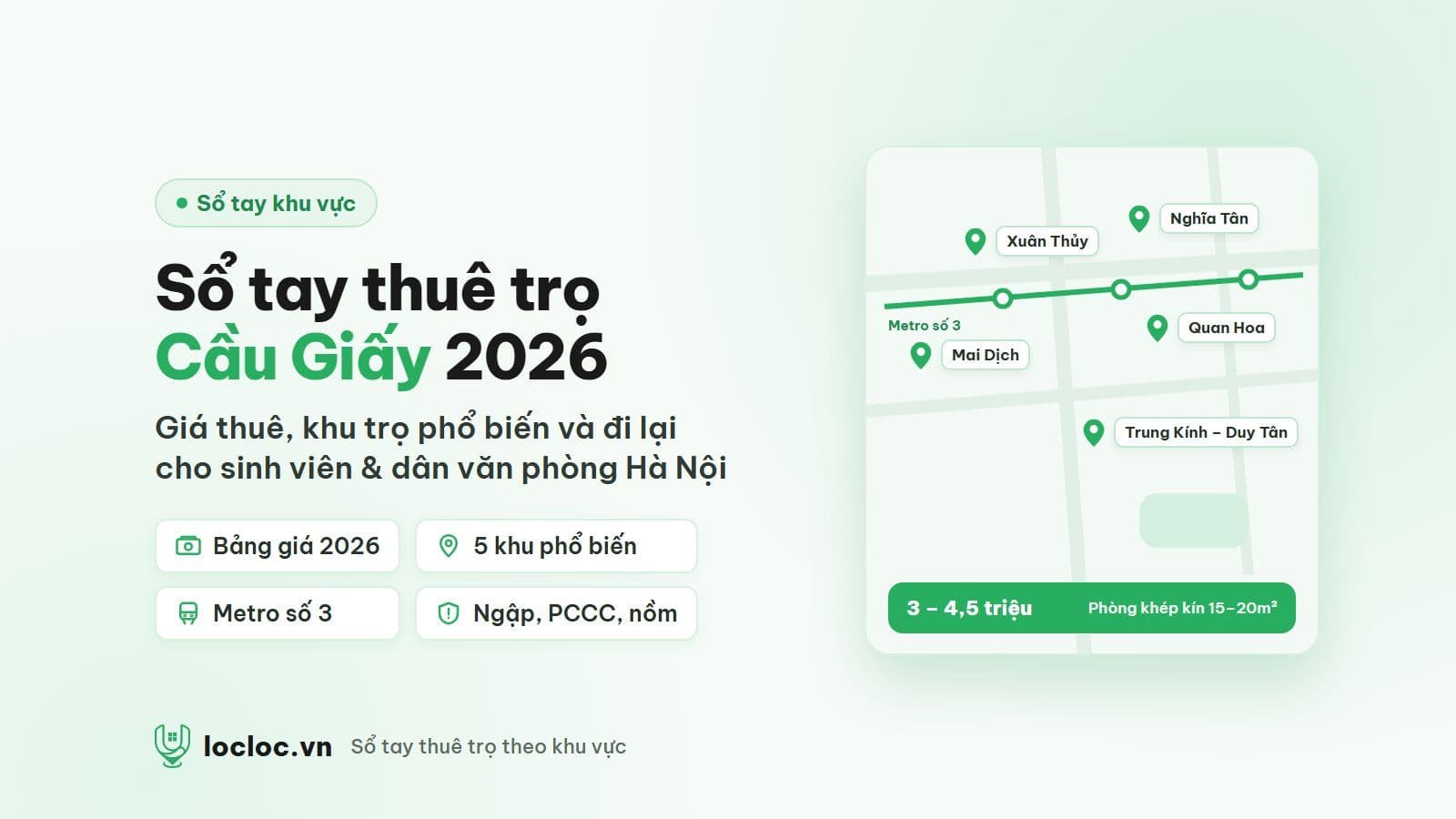 Minh họa sổ tay thuê phòng trọ Cầu Giấy 2026: bản đồ 5 khu trọ phổ biến, tuyến metro số 3 và giá phòng khép kín tham khảo