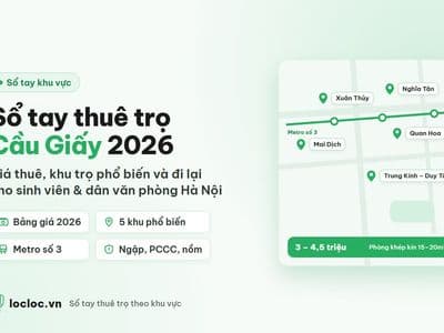 Minh họa sổ tay thuê phòng trọ Cầu Giấy 2026: bản đồ 5 khu trọ phổ biến, tuyến metro số 3 và giá phòng khép kín tham khảo